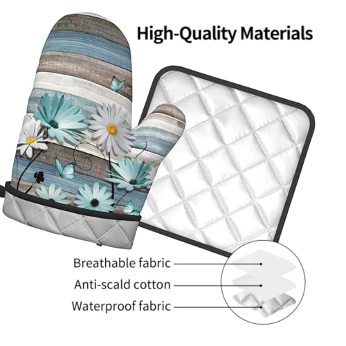 Daisy Floral Oven Mitts and Pot Holder Sets Rustic Wood Potholders Non-Slip Heat Resistant Oven Gloves for Kitchen Baking Cooking Grilling - color: Daisy Wood