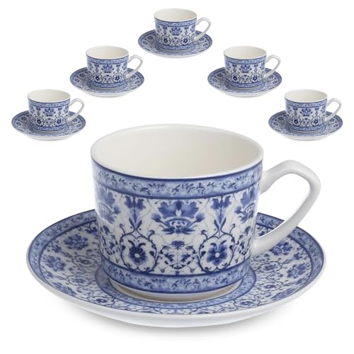 Zagara Home Mardin Porcelain Coffee Cup Set of 6, Espresso Cups and Saucers Set, Turkish Coffee Cups, French Coffee Cups, Lightweight Porcelain Vintage Small Cups for Coffee and Tea