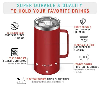 CHILLOUT LIFE Stainless Steel 20 oz Vacuum Insulated Coffee Mug with Handle and Lid, Large Thermal Camping Coffee Mug Cup with Durable Sliding Lid for Men & Women, Keeps your Beverages Hot/Cold - color: Cherry Red, size: 20 Ounces
