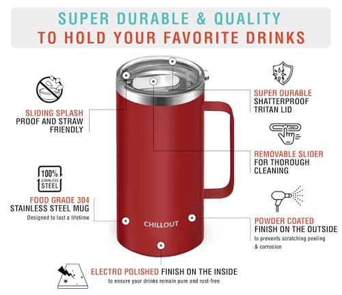 CHILLOUT LIFE Stainless Steel Vacuum Insulated Coffee Mug 20 oz (Set of 2) with Handle and Lid, Large Thermal Camping Coffee Mugs with Sliding Lid for Men & Women, Keeps Your Beverages Hot & Cold - color: Cherry Red, size: 20 Ounces - 2 Pack