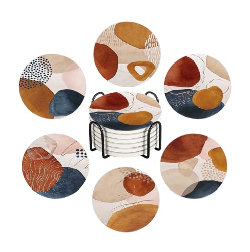 Drink Coasters for Drinks Set of 6, Terracotta Navy Orange and Gold Abstract Modern Art Absorbent Round Ceramic Stone Mat Coaster, with Cork Base and Metal Holder, Home Bar Decor House Warming Gift - color: Abstract Art, size: Round