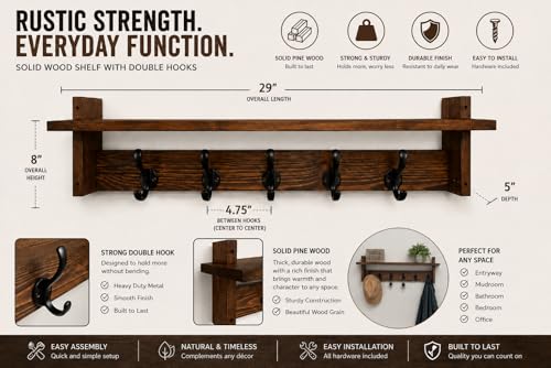 29" Coat Rack Wall Mount with Shelf, Entryway Wall Hooks with Shelf, Coat Hangers for Bathroom, Living Room, Bedroom