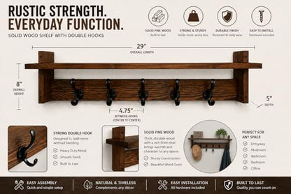 29" Coat Rack Wall Mount with Shelf, Entryway Wall Hooks with Shelf, Coat Hangers for Bathroom, Living Room, Bedroom
