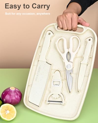 5 in 1 Mini Knife and Cutting Board Set, Small Cutting Board Camping Cutting Board Cutting Board Scissors, Smart Cutting Board and Knife Set, Dorm Kitchen Essentials Travel Knife Set (Wheaten) - color: Wheaten