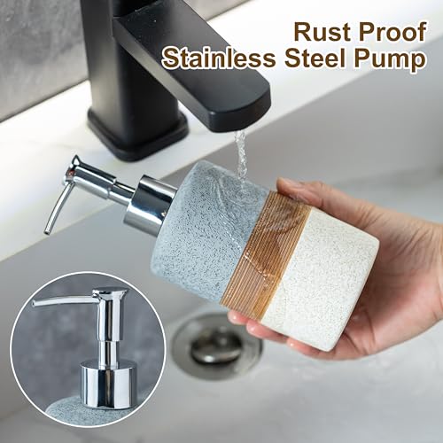 Ceramic Soap Dispenser Set of 2, Hand and Dish Soap Dispenser Set | Shower Shampoo Soap Dispenser for Bathroom, Kitchen | Stainless Steel Pump, Silicone Funnel and Diatomaceous Tray, 12 oz Gray - color: Gray and White, size: 2xSoap Dispenser Set with Tray