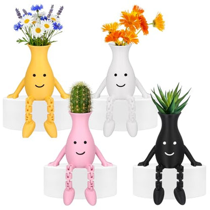 Honoson 4 Pcs 3D Printed Smile Face Planter Pot, Cute Plant Pots for Indoor Outdoor, Unique Sitting Pot with Movable Leg, Funny Flower Pots Gifts for Mother and Appreciation Christmas