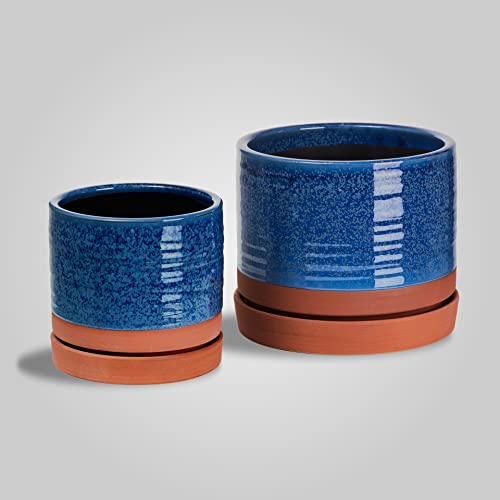 HERDUK 6 + 8 Inch Plant Pots, Ceramic Planter Pot with Drainage Hole & Saucer, Indoor/Outdoor Cylinder Round Planter Pot, Aqua Blue & Terracotta - color: Aqua Blue & Terracotta Red, size: 6 & 8 Inch Set