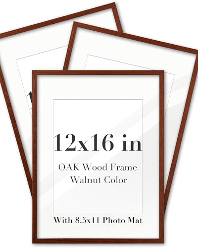 EcoHest 12x16 in Walnut Color Solid Oak Wood Narrow Border Picture Frame | Photo Frame with 8.5x11 Mat, Acrylic Front, Thick Backboard, Minimalist Photo Poster Display for Bedroom, Living Room, 3Pack - color: Walnut With Mat, size: 16"L x 12"W 3Pack