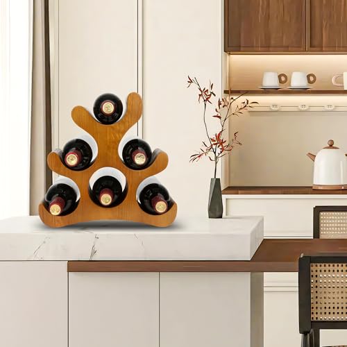 Countertop Wine Rack - 6 Bottle Wooden Wine Rack - Freestanding Wine Bottle Holder Stand - Wine Storage Rack for Cabinet Pantry Bar Kitchen - color: Yellowish Brown