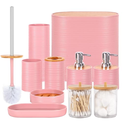 10 PCS Pink Bathroom Accessories Set with Trash Can Bathroom Accessory | All-in-One Kit with Trash Can,Toothbrush Holder,Soap Dispenser,Toothbrush Cup,Vanity Tray,Soap Dish,Toilet Brush etc for Home - color: Pink