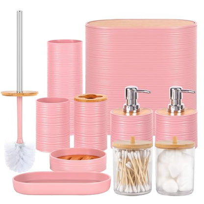 10 PCS Pink Bathroom Accessories Set with Trash Can Bathroom Accessory | All-in-One Kit with Trash Can,Toothbrush Holder,Soap Dispenser,Toothbrush Cup,Vanity Tray,Soap Dish,Toilet Brush etc for Home - color: Pink