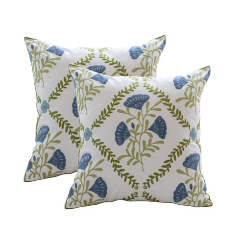 YIcabinet Pillow Covers Set of 2, Embroidered Blue Flower Pattern Throw Pillow Cover,Square Cotton Cushion,Pillow Case for Sofa Bedroom Couch,18"x18" - color: White26