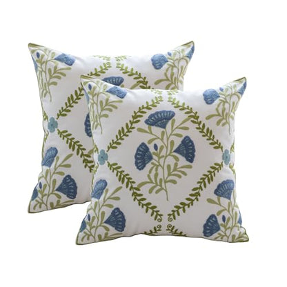 YIcabinet Pillow Covers Set of 2, Embroidered Blue Flower Pattern Throw Pillow Cover,Square Cotton Cushion,Pillow Case for Sofa Bedroom Couch,18"x18" - color: White26