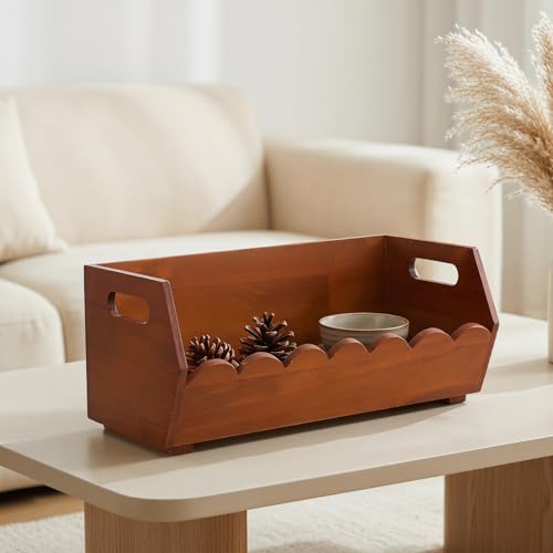 FUOYLOO Wood Pantry Storage Bin Rustic Wooden Basket with Ergonomic Handles and Open Front Design Flat Bottom Kitchen Organizer for Bread and Vegetables for Countertop and Living Room