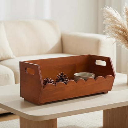 FUOYLOO Wood Pantry Storage Bin Rustic Wooden Basket with Ergonomic Handles and Open Front Design Flat Bottom Kitchen Organizer for Bread and Vegetables for Countertop and Living Room