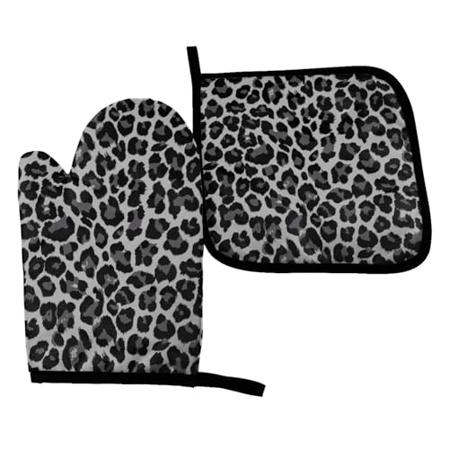 Perinsto Leopard Oven Mitts & Pot Holders Kitchen Set Heat Resistant Grey Cheetah Print Decorative Cooking Gloves Microwave Oven Gloves for Baking Grilling BBQ - color: Leopard, size: Set of 2