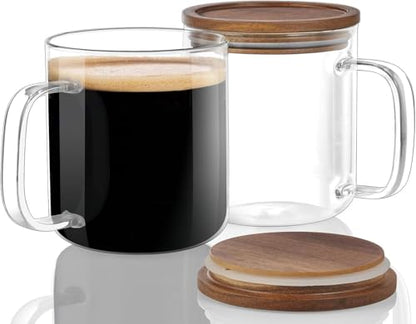 DRASTAR Glass Coffee Mugs,Clear Coffee Cups, Coffee Mug with Acacia Wood Lid, Tea Glass Cups with Handles, Large Coffee Mug Set of 2, Glass Coffee Cups for Latte, Espresso, Tea (2, 16 oz) - size: 16 oz