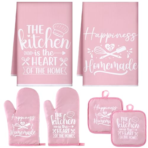 Sratte 6 Pcs Kitchen Decor Accessories Set, Kitchen, Pink | Farmhouse Kitchen Towels Pot Holders Oven Mitts Set 2 Dish Towels 2 Potholders 2 Cooking Mittens for Baking Cooking Supply - color: Pink, style: Kitchen