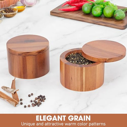 Demigo Acacia Wood Salt Cellar, 9 oz Salt Box with Swivel Lid, Spice Jar | Wooden Salt Keeper & Seasoning Storage for Kitchen Counter, Holds Table Salt, Sea Salt, Herbs, Pepper & Sugar - color: Acacia Original Salt Box