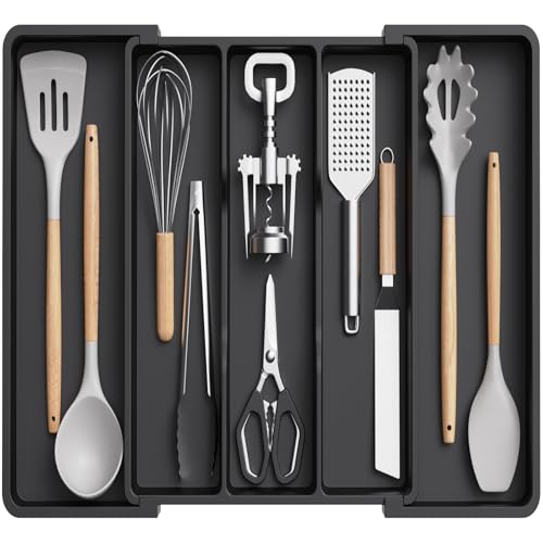 Lifewit Utensil Organizer for Kitchen Drawers, Expandable Utensil Tray | Adjustable Cooking Cutlery Silverware Flatware Holder, Plastic Spatula Tools Storage Divider, 11.5- 20 x 14.5", Black - color: Black, size: Medium Deep (11.5-20''W x 14.5"D)