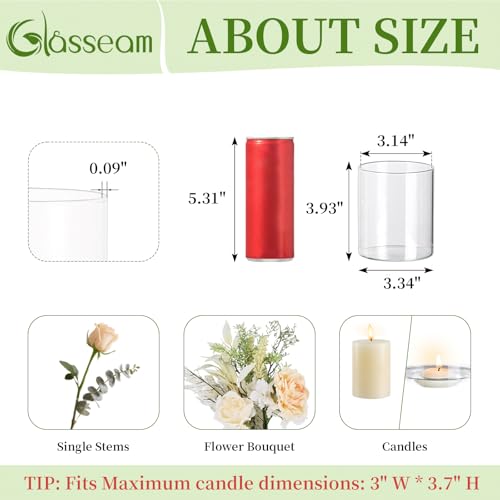 Glasseam Cylinder Vases for Centerpieces, 6Pcs Clear Glass Vase for Flowers | Hurricane Pillar, Floating Candle Holder, Modern, Small Home Decorations, Table Centerpieces, Wedding, Party, 4In - size: 4In