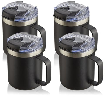 12oz Insulated Travel Coffee Mug with Handle, Black, 4 Pack | Stainless Steel Coffee Tumbler with Lid, Double Wall Vacuum Thermal Cup for Camping - color: Fliping Lid: Black, size: 12 Ounces (Pack of 4)