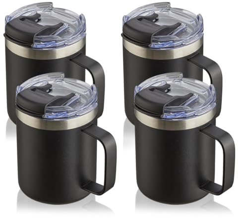 12oz Insulated Travel Coffee Mug with Handle, Black, 4 Pack | Stainless Steel Coffee Tumbler with Lid, Double Wall Vacuum Thermal Cup for Camping - color: Fliping Lid: Black, size: 12 Ounces (Pack of 4)