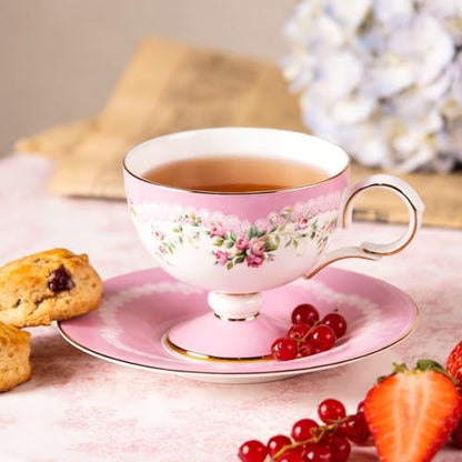 KAMMAK Tea Cups Set of 2,Ceramic Floral Pattern Demitasse Cup | Porcelain Espresso Cup with Saucer, 6.52 oz Handmade Elegant Bone China Tea Cups for Latte, Americano, Cappuccino - color: Beautiful in Pink (Light Pink + Light Blue)