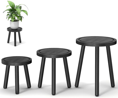 3-Pack Wood Plant Stands Indoor, Single Plant Stand for 6-12 Inch Pots, Mid-Century Modern Plant Stool, Tall Plant Stand for Large Plants for Living Room, Balcony, Office (Black) - color: Black, size: 3 Pack