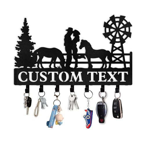 Personalized Key Holder, Farm Theme Metal Key Holder Wall Mount, Custom Name Keys Rack Hanger for Couple, Rustic Western Wall Art, Decorative Windmill Keys Hooks Gifts for Farmers Family - color: Color01