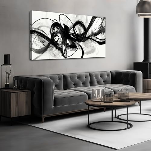 Abstract Wall Art Black and White Swirl Lines Canvas Prints 24"x48" | Large Minimalist Artwork,Living Room,Bedroom Home Office Decor, Framed, Easy to hang,Modern Decor,Gift - color: black, size: 24"L x 48"W