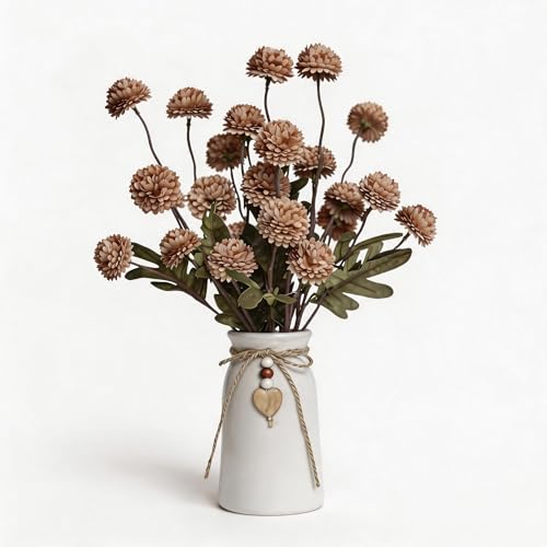 Artificial Chrysanthemum Flower Arrangement in Rustic Ceramic Vase with Heart Charm, 25 Heads Faux Pompon Mum Bouquet, 15'' Farmhouse Table Centerpiece for Dining Table, Home Décor, Taupe - color: Taupe