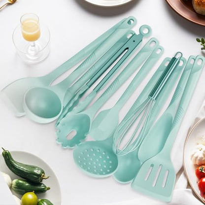 Silicone Cooking Utensils Set - 600°F Heat Resistant, Nonstick Kitchen Utensil Set with Spatulas, Spoons, Whisk, Tongs, BPA Free, Dishwasher Safe (Teal) - color: Teal