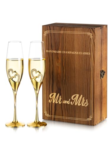 NUPTIO Crystal Champagne Flutes, Wedding Gifts for Couple, Gold, Set of 2 | Rhinestone Rimmed Heart Toasting Glasses with Wooden Gift Box for Engagement, Anniversary, Party, Bridal Showers, 6.76oz - color: Gold