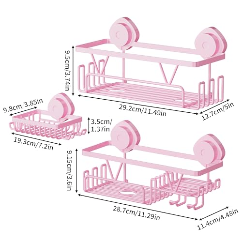 KEGII Suction Cup Shower Caddy 3 Pack, Bathroom Storage Shelf, Pink | Rustproof Stainless Steel Design with Soap Holder and Hooks, Removable No Drill Storage for Shampoo and Bath Accessories