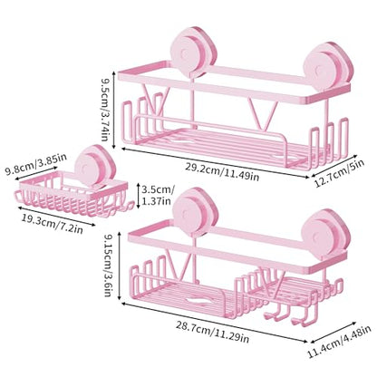 KEGII Suction Cup Shower Caddy 3 Pack, Bathroom Storage Shelf, Pink | Rustproof Stainless Steel Design with Soap Holder and Hooks, Removable No Drill Storage for Shampoo and Bath Accessories