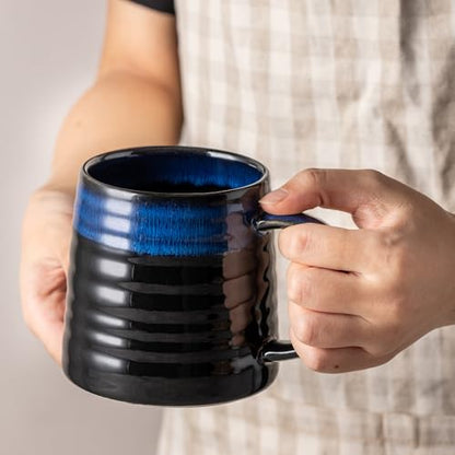 15.5oz Large Heavyweight Ceramic Mug, Reactive (Blue-Black) | 15.5oz Medium-Large, Heavy Weighted Stoneware, Reactive Transmutation Glaze, Microwave & Dishwasher Safe, Gift Box - color: Blue-Black