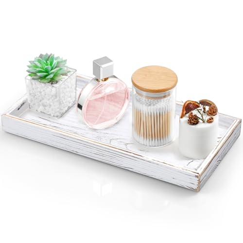 ALELION 13" White Bathroom Vanity Tray for Counter - Wood Decorative Tray for Toilet Tank Makeup Perfume Jewelry Catchall Table - Wooden Kitchen Countertop Organizer for Soap Dispenser - color: Whitewashed, size: 13" x 6.5" x 1.2"