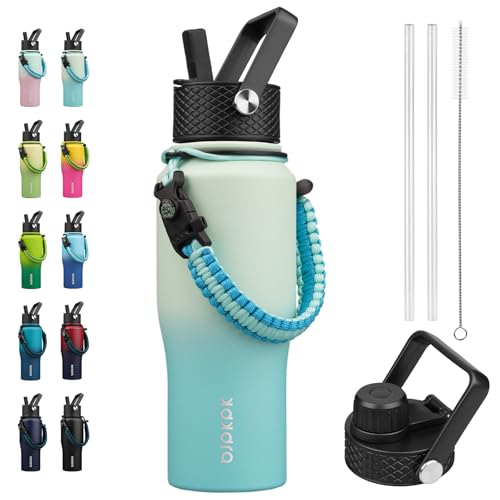 BJPKPK 23oz Insulated Water Bottle with Straw Lid, Stainless Steel Bottle | Vacuum Insulated with Straw Lid & Spout Lid, Paracord Strap, Keep Cold & Hot, Leak-Proof, BPA-Free, for Gym, Hiking, Travel - color: Mint, style: 23oz