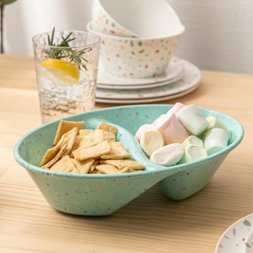 Confetti Divided Bowl Set of 2, 100% Melamine BPA-Free Stackable Unbreakable Bowls with Two Compartments, Ideal for Snacks, Chips & Dips, Cereal, Dishwasher-Safe Color: Green - color: Confetti Green