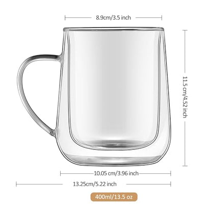 Joeyan Clear Double Walled Glass Coffee Mugs, Double Layer Tea Latte Cappuccino Cups with Handle, Double Lined Insulated High Borosilicate Glassware for Milk and Other Hot Beverages, 13.5 oz, Set of 2 - color: 500ml-Clear with handle