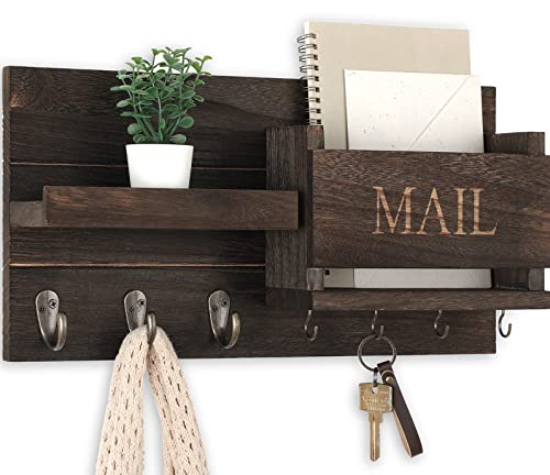 Lwenki Mail Organizer for Wall Mount – Key Holder with Shelf Includes Letter Holder and Hooks for Hallway Farmhouse Decor – Rustic Wood with Flush Mounting Hardware (16.5” x 9.1” x 3.4”) (Brown) - color: Brown