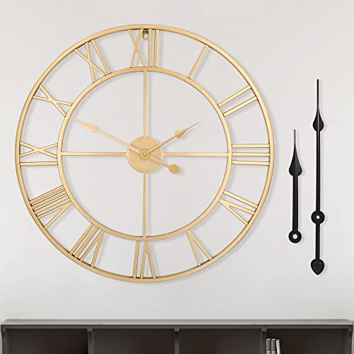 LEIKE Large Modern Wall Clocks,18" Gold Metal,Rustic,Round,Silent Non Ticking,Battery Operated Roman Numerals Clock for Living Room/Bedroom/Kitchen Wall Decor-(Gold, 47cm) - color: Gold-roman Number, size: 19 Inch