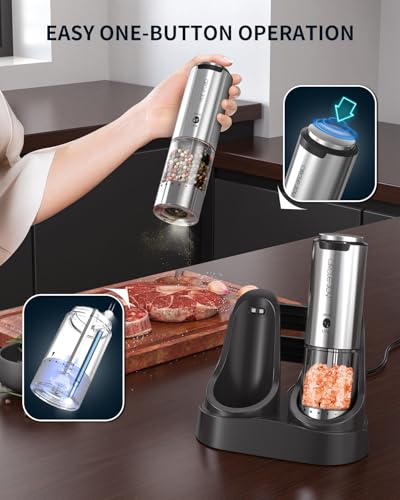 CIRCLE JOY Rechargeable Salt and Pepper Grinder Set Stainless Steel Electric Pepper Grinders with Variable Grinding Speed, External Adjustable Coarseness, Charging Base and White LED Light, Silver - color: 2-Speed Rechargeable Set with Charging Base