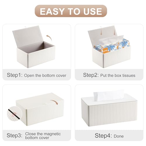 PU Leather Tissue Box Cover Rectangular Tissue Box Holder with Magnetic Bottom, Napkin & Facial Tissue Holder Dispenser for Home, Office for Standard 120-count/160-count (2-Ply) White Stripe - color: Off-white Stripe