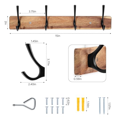 Coat Rack Wall Mount,Acacia Wood Coat Hooks Wall Mount,15" Wall Coat Rack with Heavy Duty 4-Double-Hooks,Hat Rack Wall Coat Hanger for Towel/Dog’s Leashes/Coat/Bag
