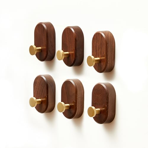 Wood Coat Hooks Wall Mount - Modern Walnut Coat Hook with Brass Accent for Hanging Clothes,Keys,Purse,Robes,Towel,Backpacks, Single Brass Wall Hooks Heavy Duty for Entryway, Closet, Bathroom (6 Pack) - size: HT-6Pack