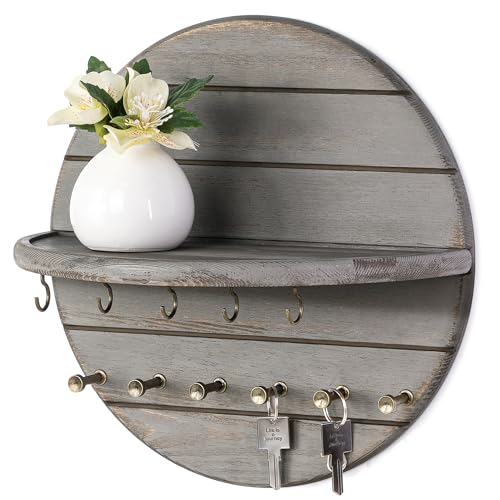 Rebee Vision Pine Wood Key Holder Wall Mount for Rustic Wall Decor, OldGray | Round Corner, Key Holder with Floating Shelf, Dual Hooks, Farmhouse Entryway Decor & Home Organizer, Home Finds - color: Old Gray