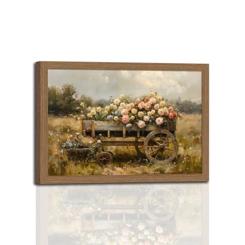 Framed Rustic Floral Wagon Canvas Wall Art Vintage Farm Cart Flower Painting Country Landscape Picture Print for Living Room Bedroom Farmhouse Decor12x16in - color: Vintage Farm Cart 1pcs, size: 12x16 Inches