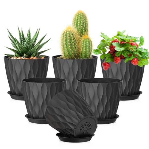 Meowell 5 inch Plant Pots for Indoor Outdoor Plants, 6 Pack Thick Nursery Pots with Drainage Holes and Saucers, 3D Modern Wave Texture Small Plastic Planter Flower Pots for Succulent, Herb, Black - color: Black, size: 5'' 6pcs